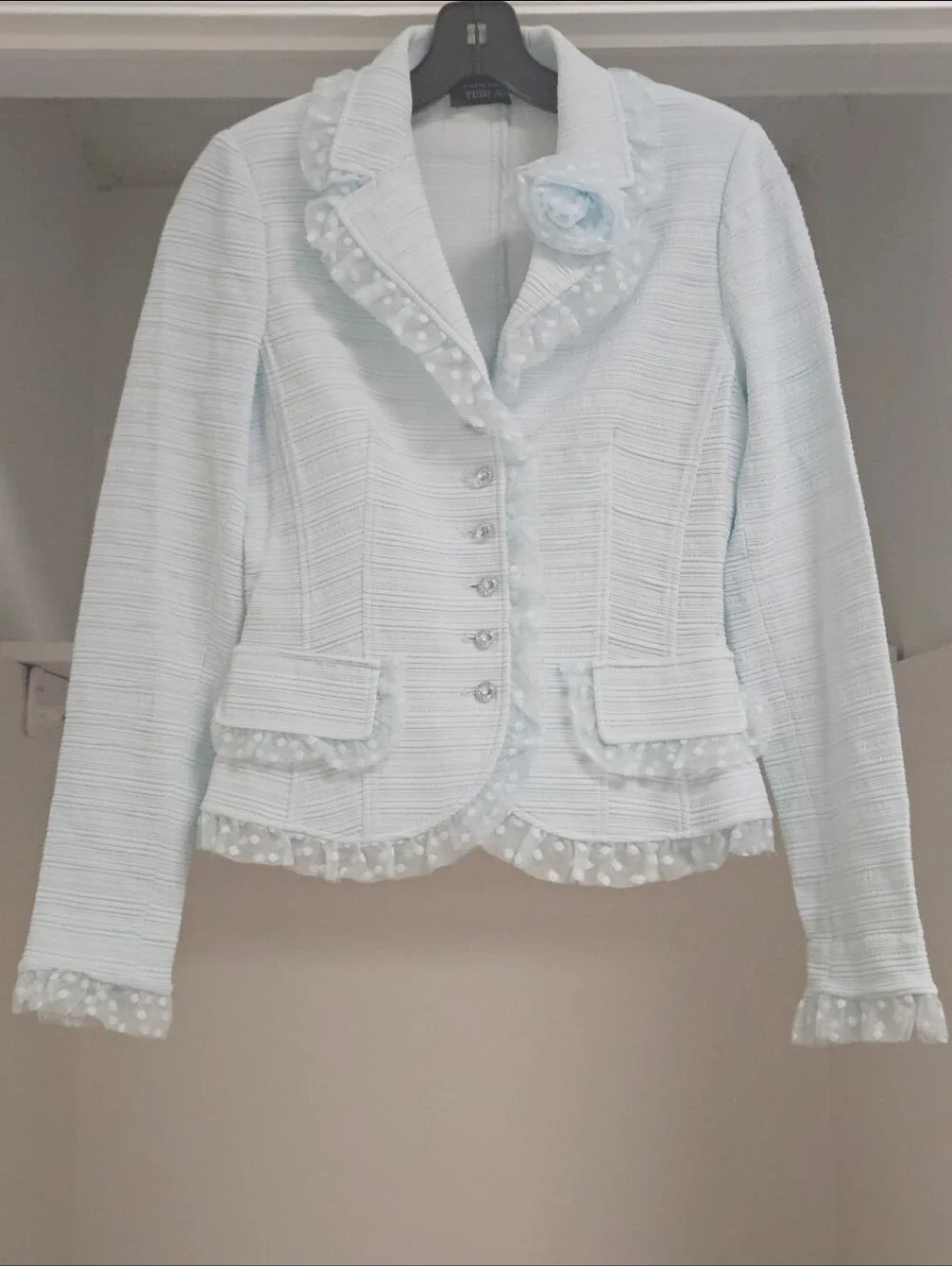 RICKIE FREEMAN TERI JON LIGHT BLUE LACE TRIM SKIRT SUIT SET 6